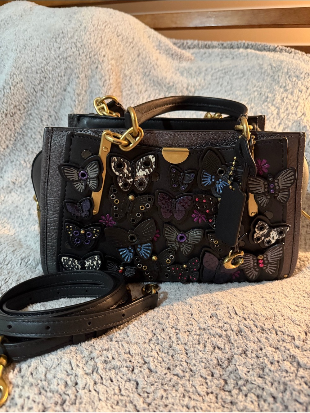 Coach Dreamer 72614 Butterfly Appliqué Snakeskin Black Leather Bag